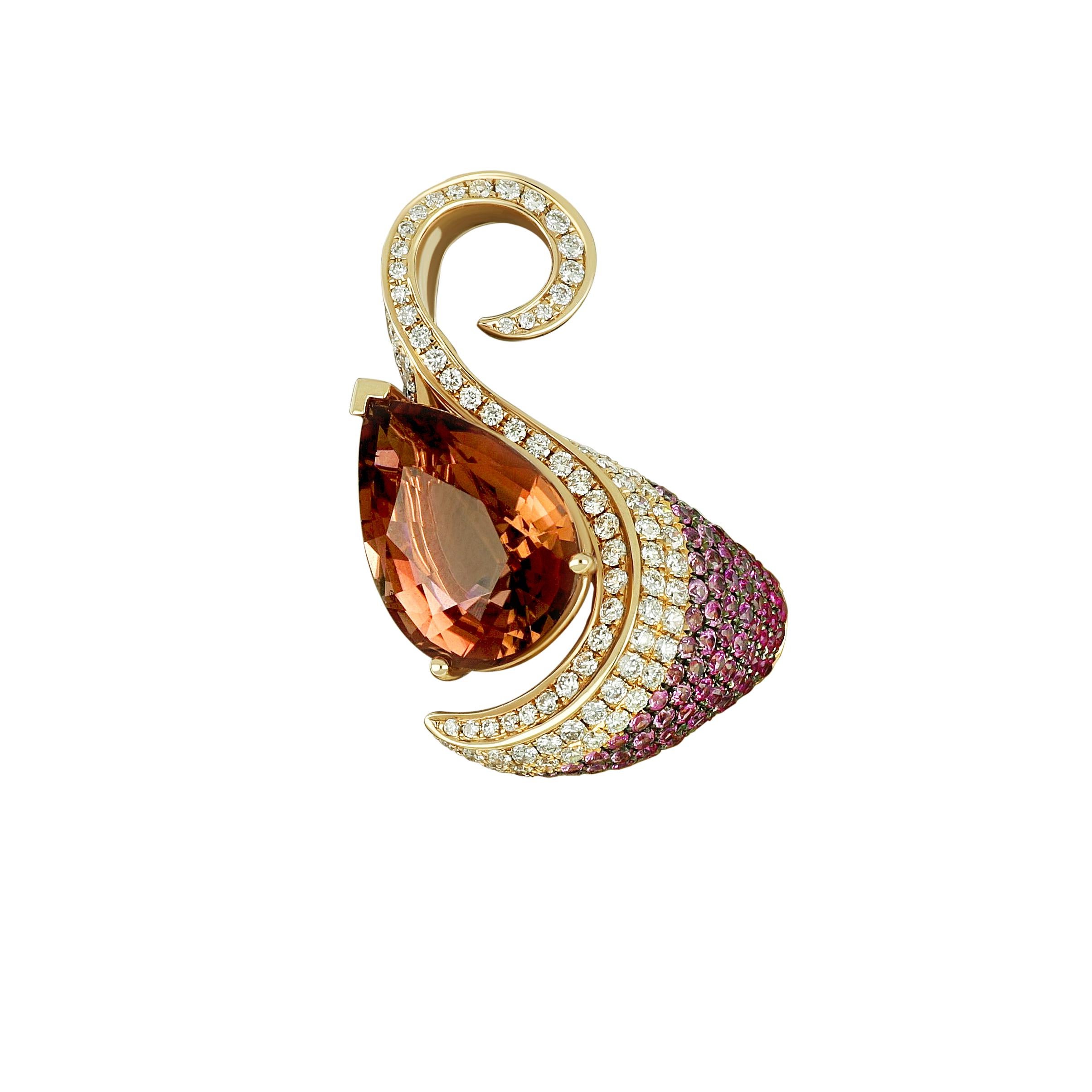 This rose gold ring is a captivating blend of elegance and allure. At its centre lies a dazzling round-cut citrine, complemented by a halo of sparkling round-cut diamonds. Along the band, round-cut amethyst stones add a touch of rich purple