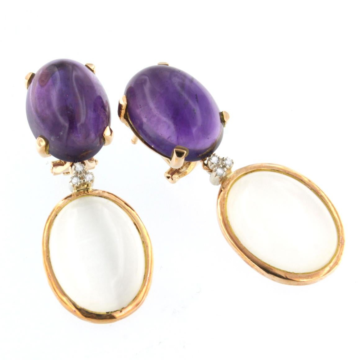 Cabochon 18k Rose Gold with Amethyst White Moonstone and White Diamonds Earrings