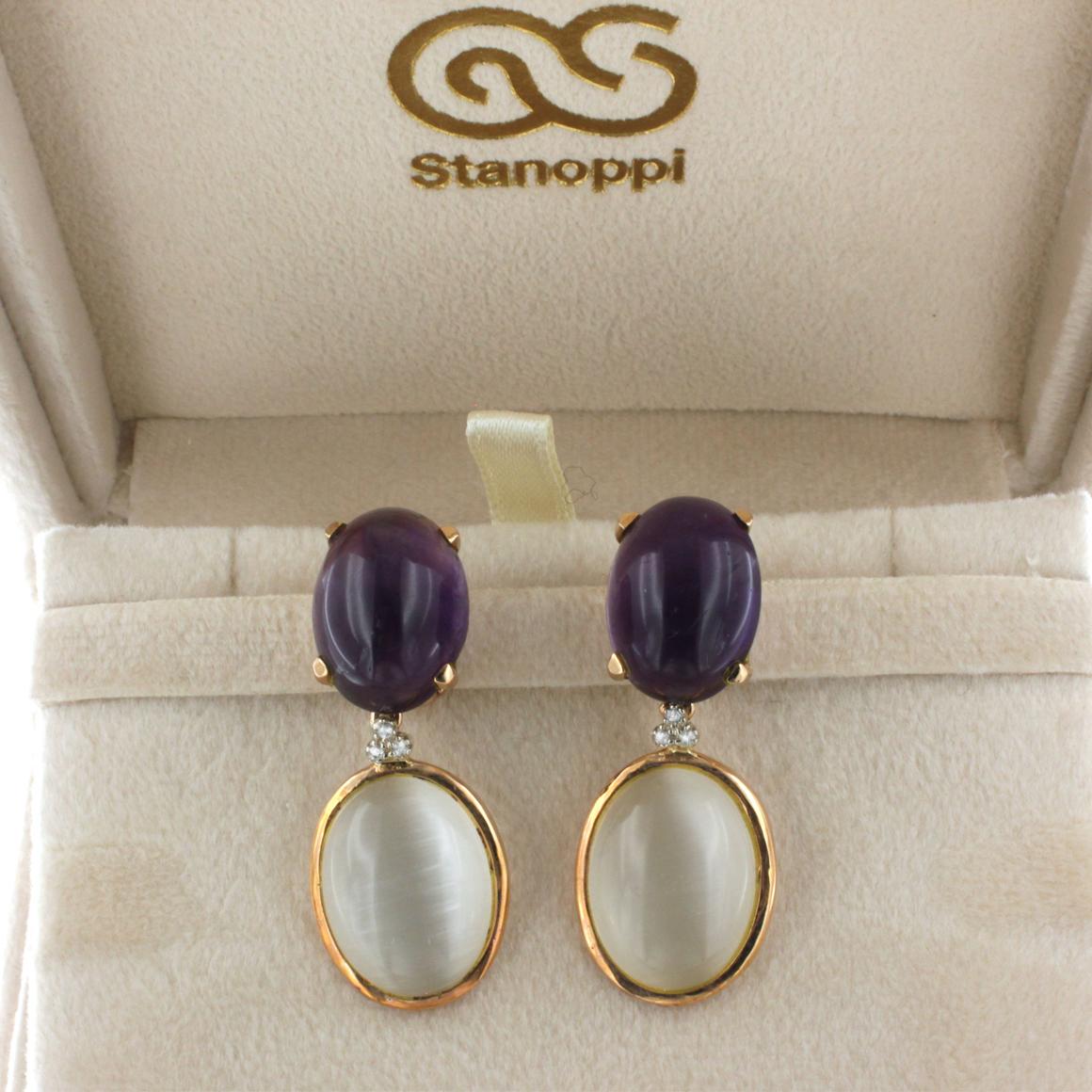 18k Rose Gold with Amethyst White Moonstone and White Diamonds Earrings In New Condition In GALLARATE, IT