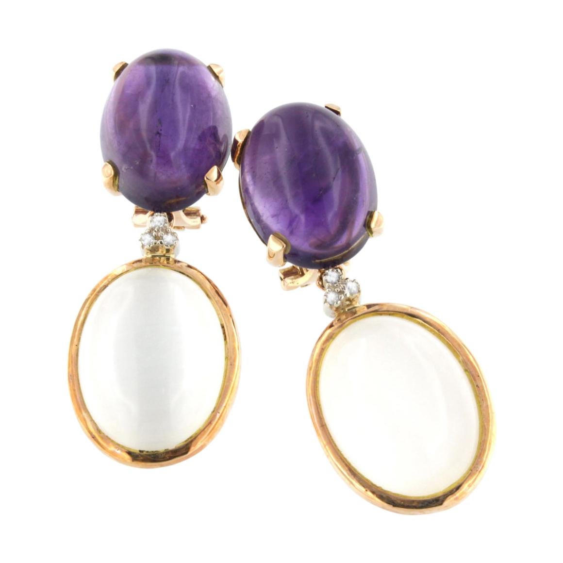 18k Rose Gold with Amethyst White Moonstone and White Diamonds Earrings