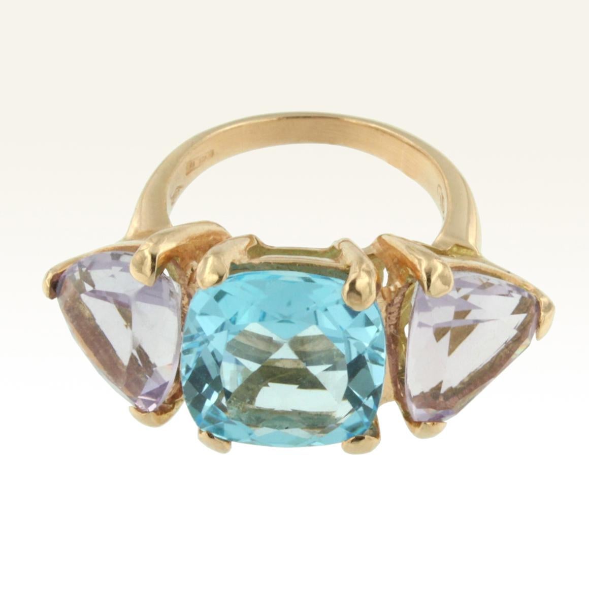Modern 18 Karat Rose Gold with Blue Topaz and Amethyst Ring For Sale
