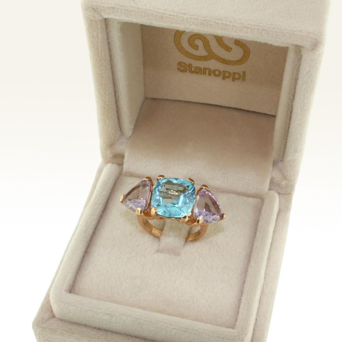 18 Karat Rose Gold with Blue Topaz and Amethyst Ring In New Condition For Sale In GALLARATE, IT