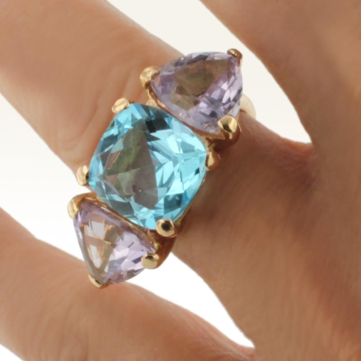 Women's or Men's 18 Karat Rose Gold with Blue Topaz and Amethyst Ring For Sale