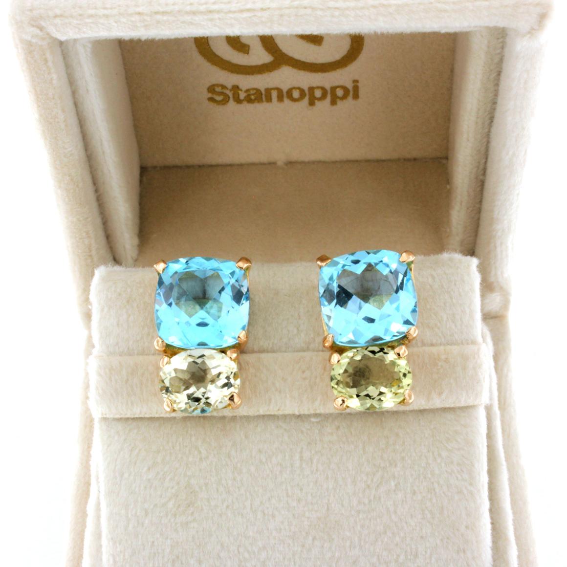 Square Cut 18k Rose Gold with Blue Topaz and Lemon Quartz Earrings For Sale