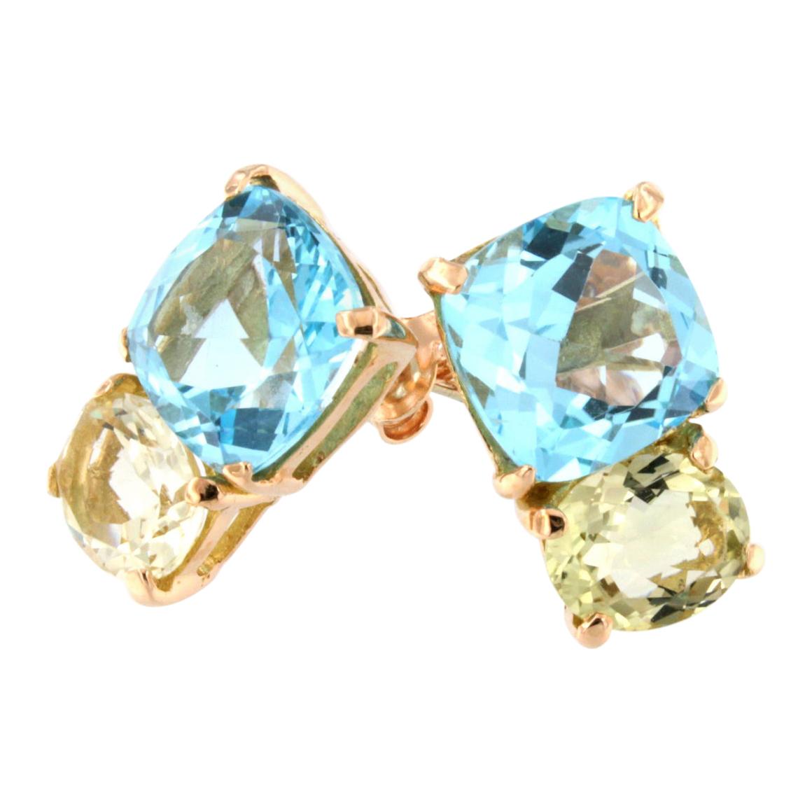 18k Rose Gold with Blue Topaz and Lemon Quartz Earrings For Sale