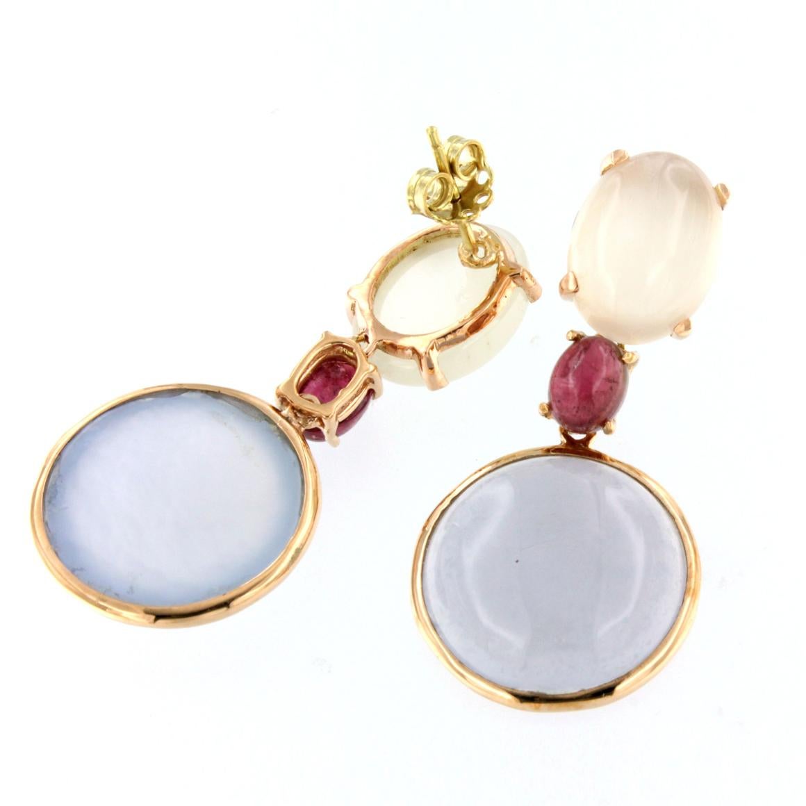 Modern 18k Rose Gold with Chalcedony Pink Tourmaline and White Moonstone Earrings For Sale