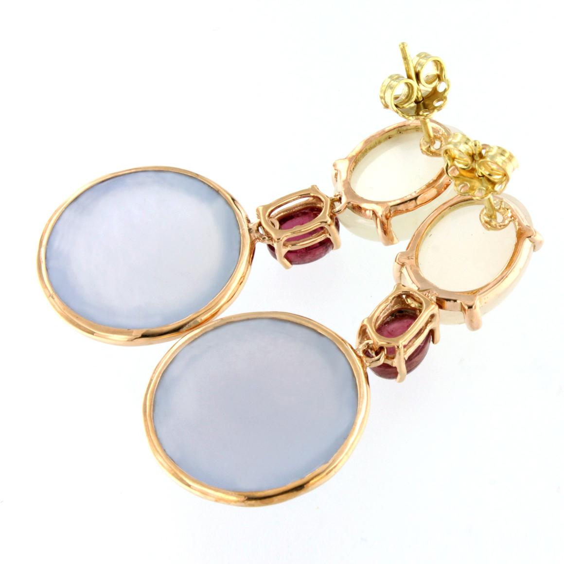 Cabochon 18k Rose Gold with Chalcedony Pink Tourmaline and White Moonstone Earrings For Sale