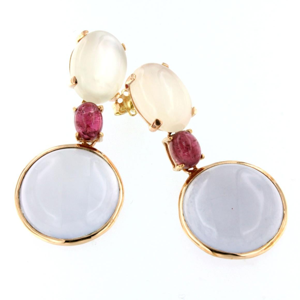 18k Rose Gold with Chalcedony Pink Tourmaline and White Moonstone Earrings In New Condition For Sale In GALLARATE, IT