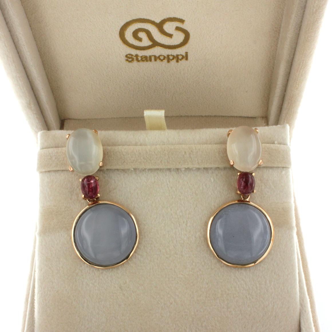 Women's or Men's 18k Rose Gold with Chalcedony Pink Tourmaline and White Moonstone Earrings For Sale