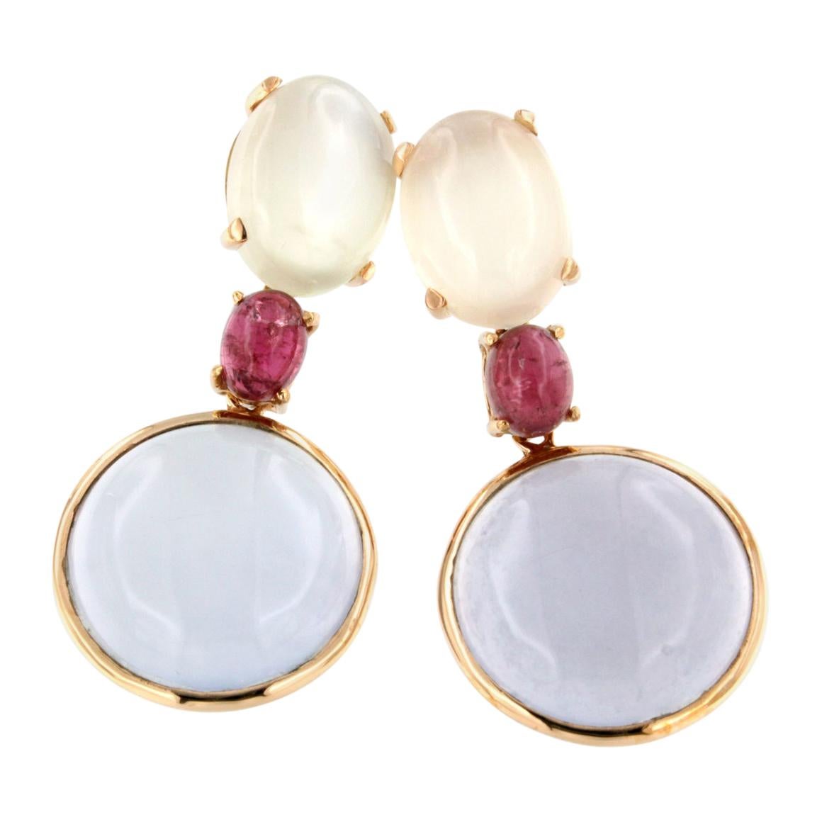 Boucles d'oreilles en or rose 18 carats avec calcédoine, tourmaline rose et pierre de lune blanche