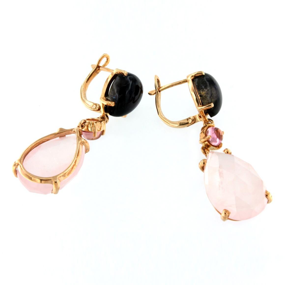 Modern 18k Rose Gold with Iolite Pink Tourmaline and Pink Quartz Earrings For Sale