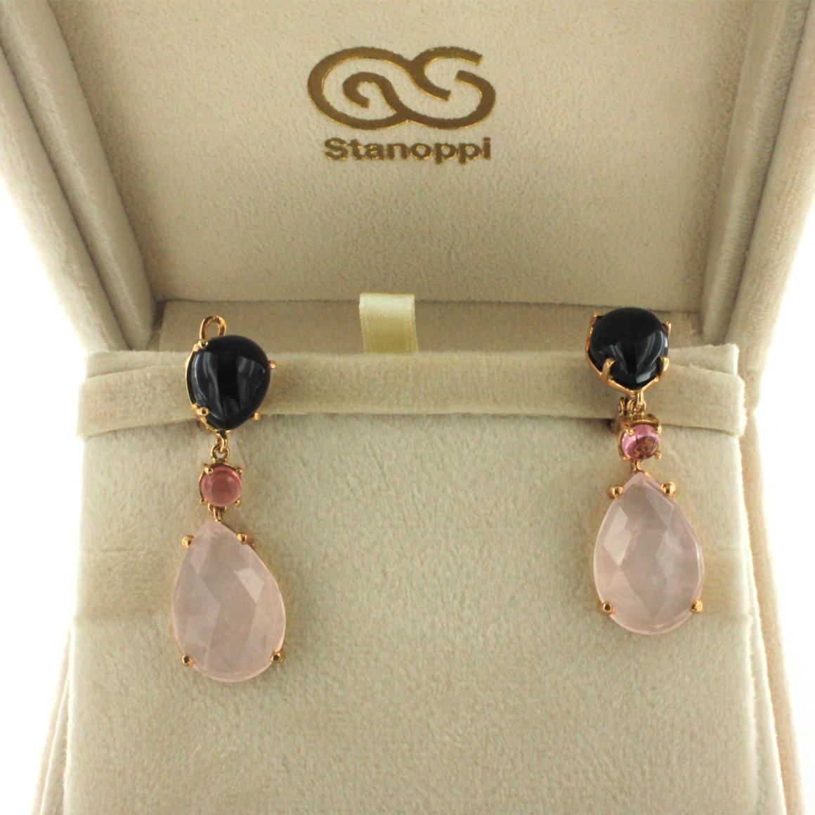 Cabochon 18k Rose Gold with Iolite Pink Tourmaline and Pink Quartz Earrings For Sale