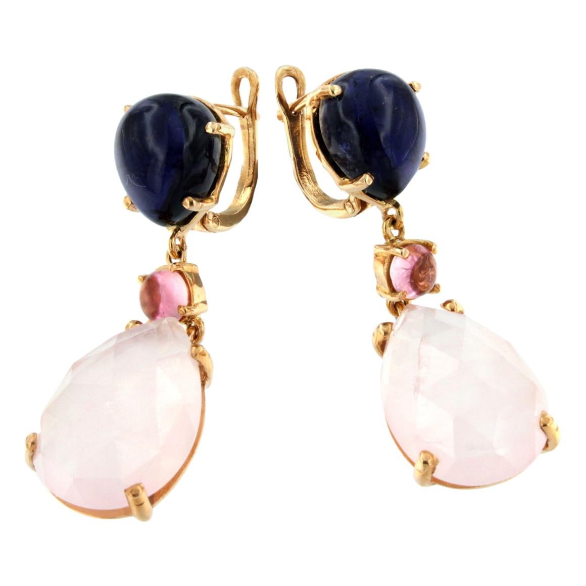 18k Rose Gold with Iolite Pink Tourmaline and Pink Quartz Earrings For Sale