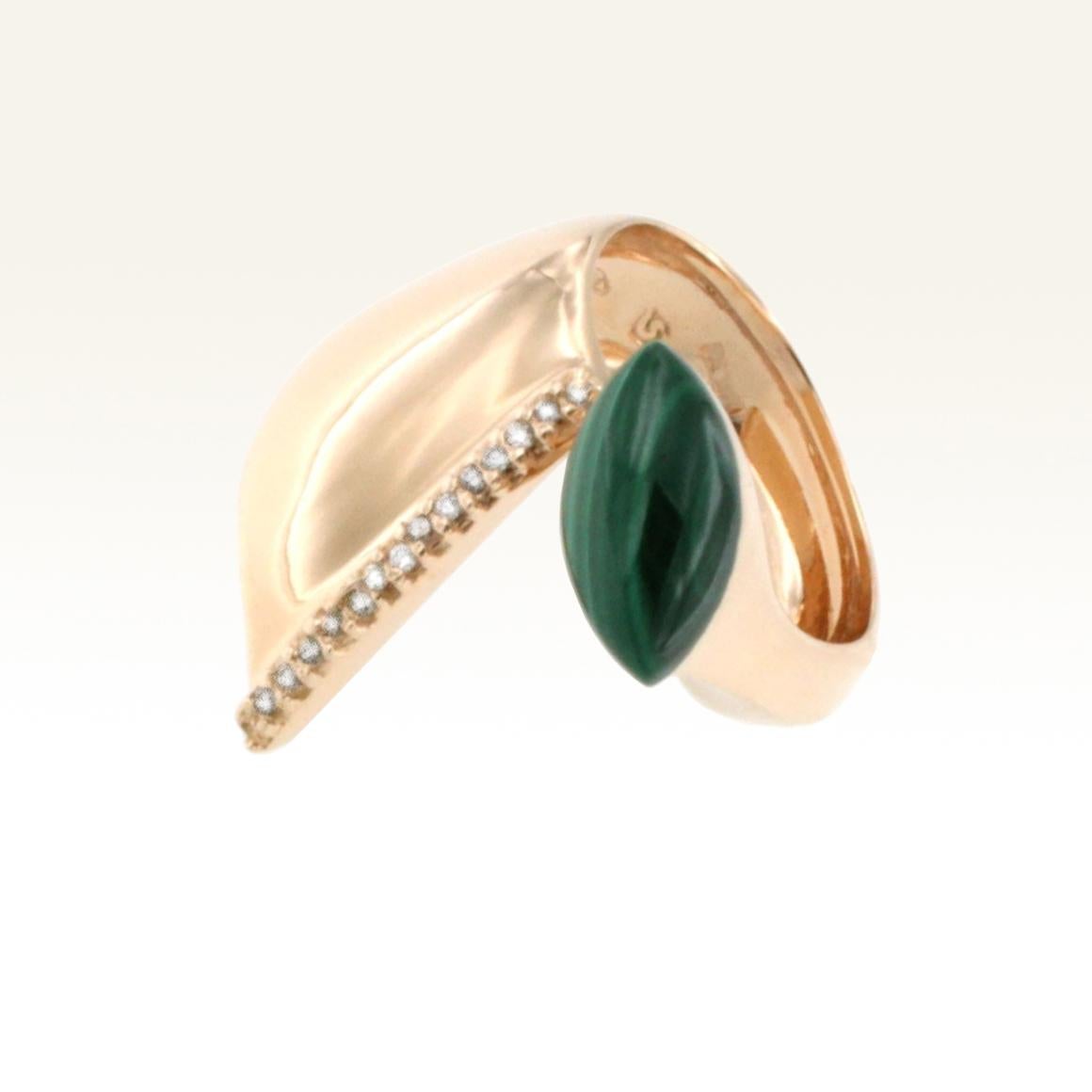 Marquise Cut 18 Karat Rose Gold with Malachite and White Diamond Ring For Sale