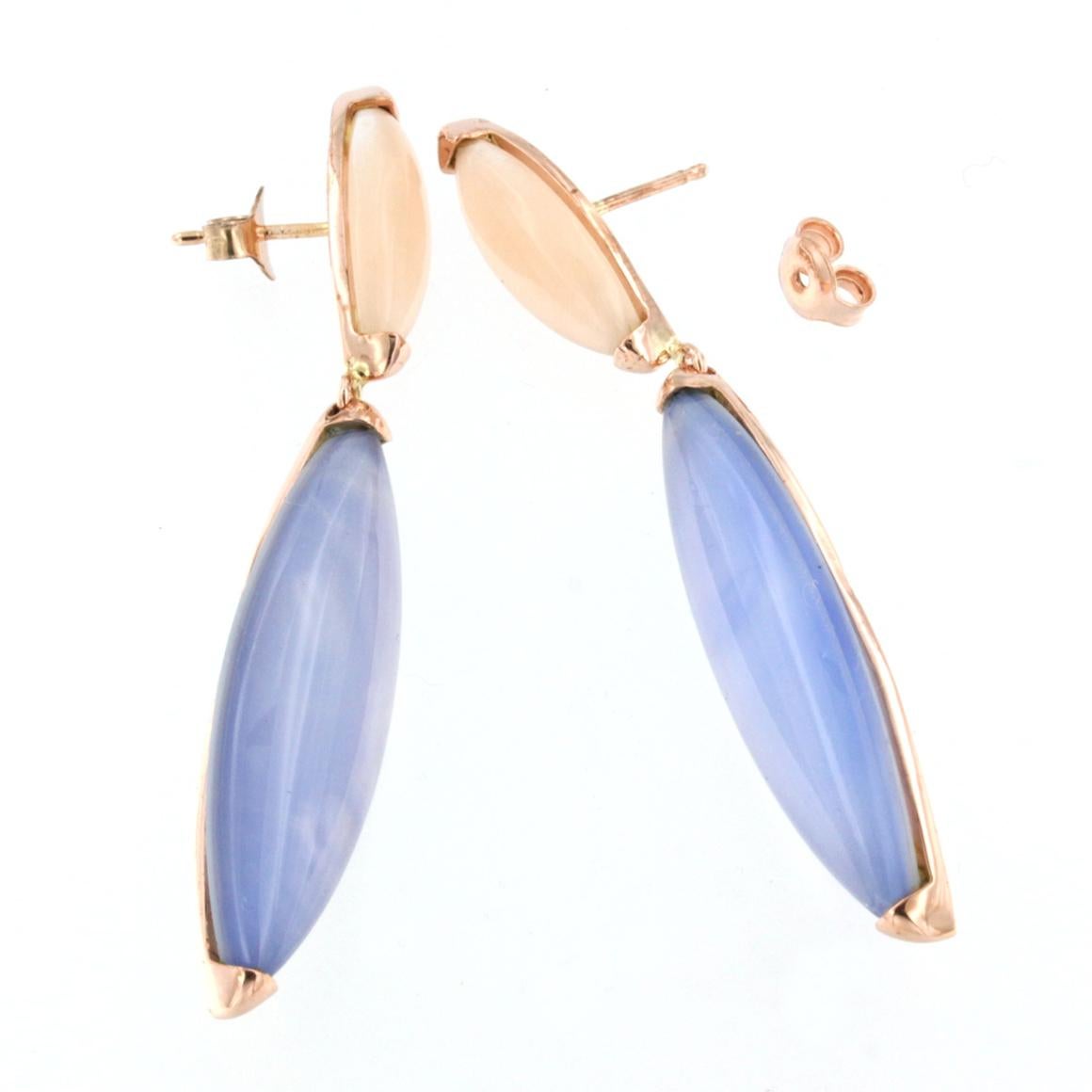 Modern 18k Rose Gold with Moonstone Mother of Pearl and Blue Topaz Earrings For Sale