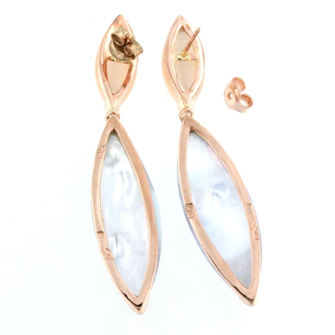 Marquise Cut 18k Rose Gold with Moonstone Mother of Pearl and Blue Topaz Earrings For Sale