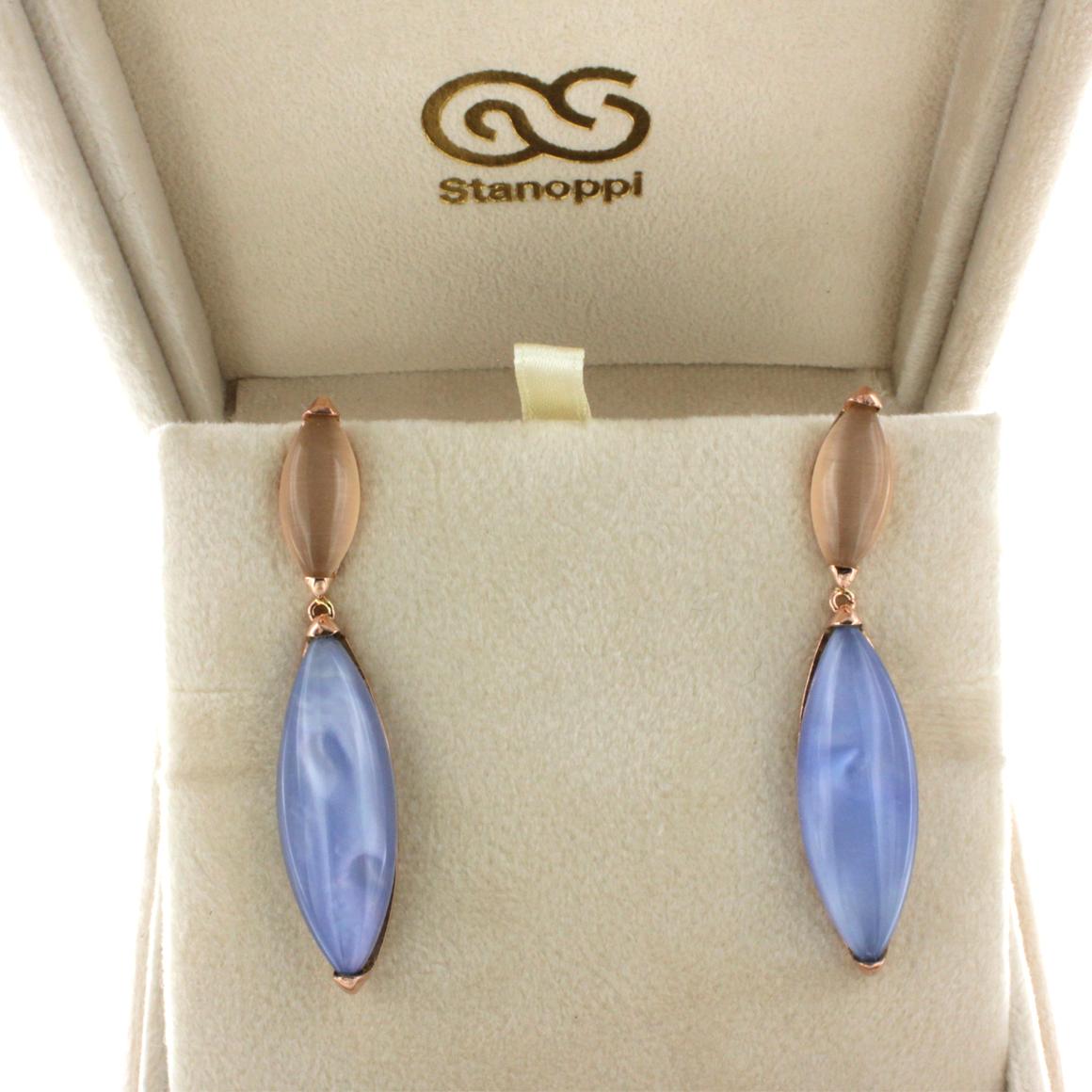 18k Rose Gold with Moonstone Mother of Pearl and Blue Topaz Earrings In New Condition For Sale In GALLARATE, IT