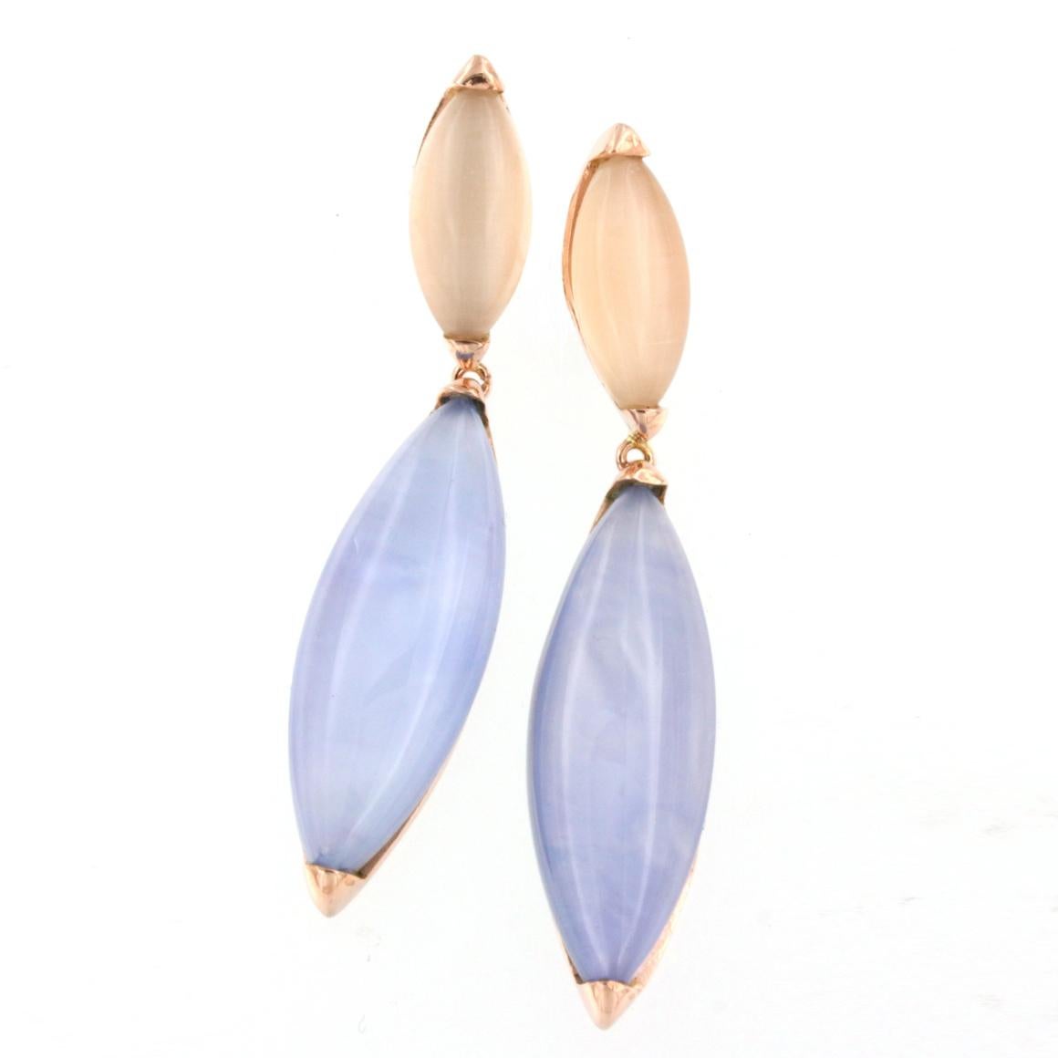 Women's or Men's 18k Rose Gold with Moonstone Mother of Pearl and Blue Topaz Earrings For Sale