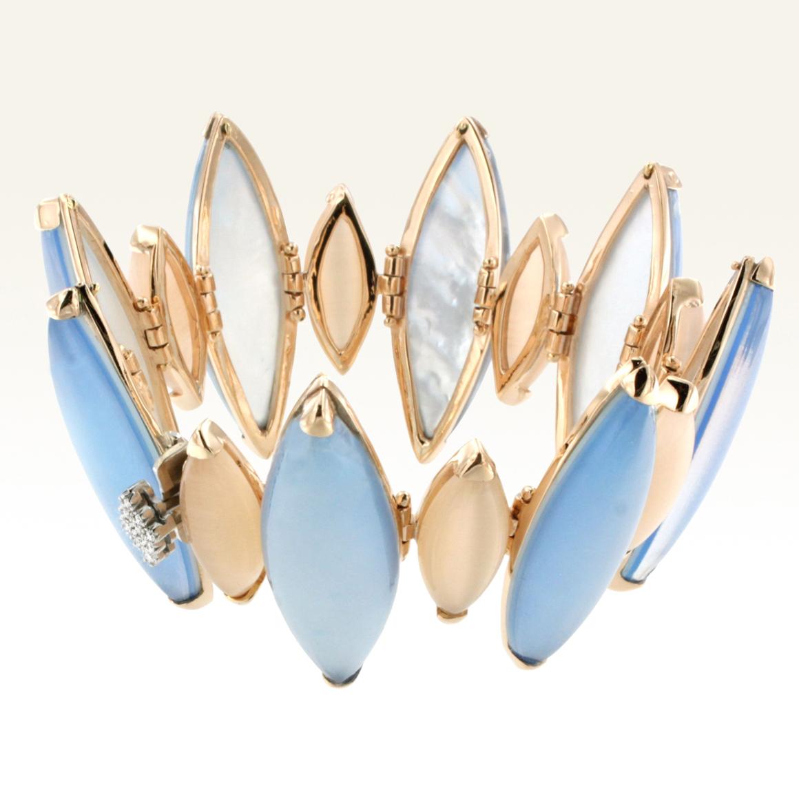 18k Rose Gold with Moonstone Mother of Pearl and Blue Topaz Earrings For Sale 1