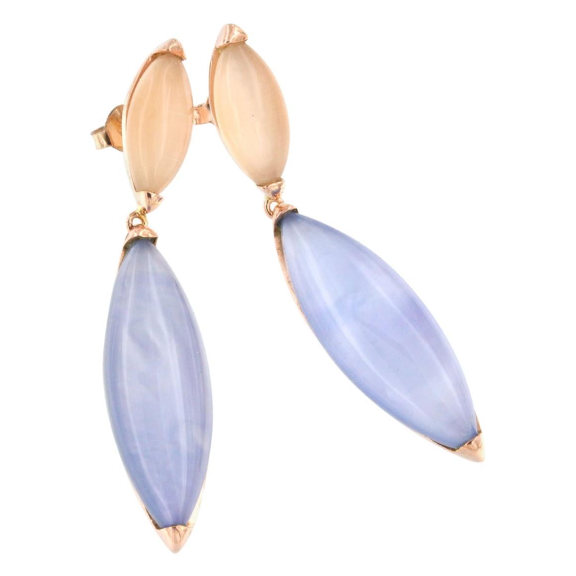 18k Rose Gold with Moonstone Mother of Pearl and Blue Topaz Earrings For Sale