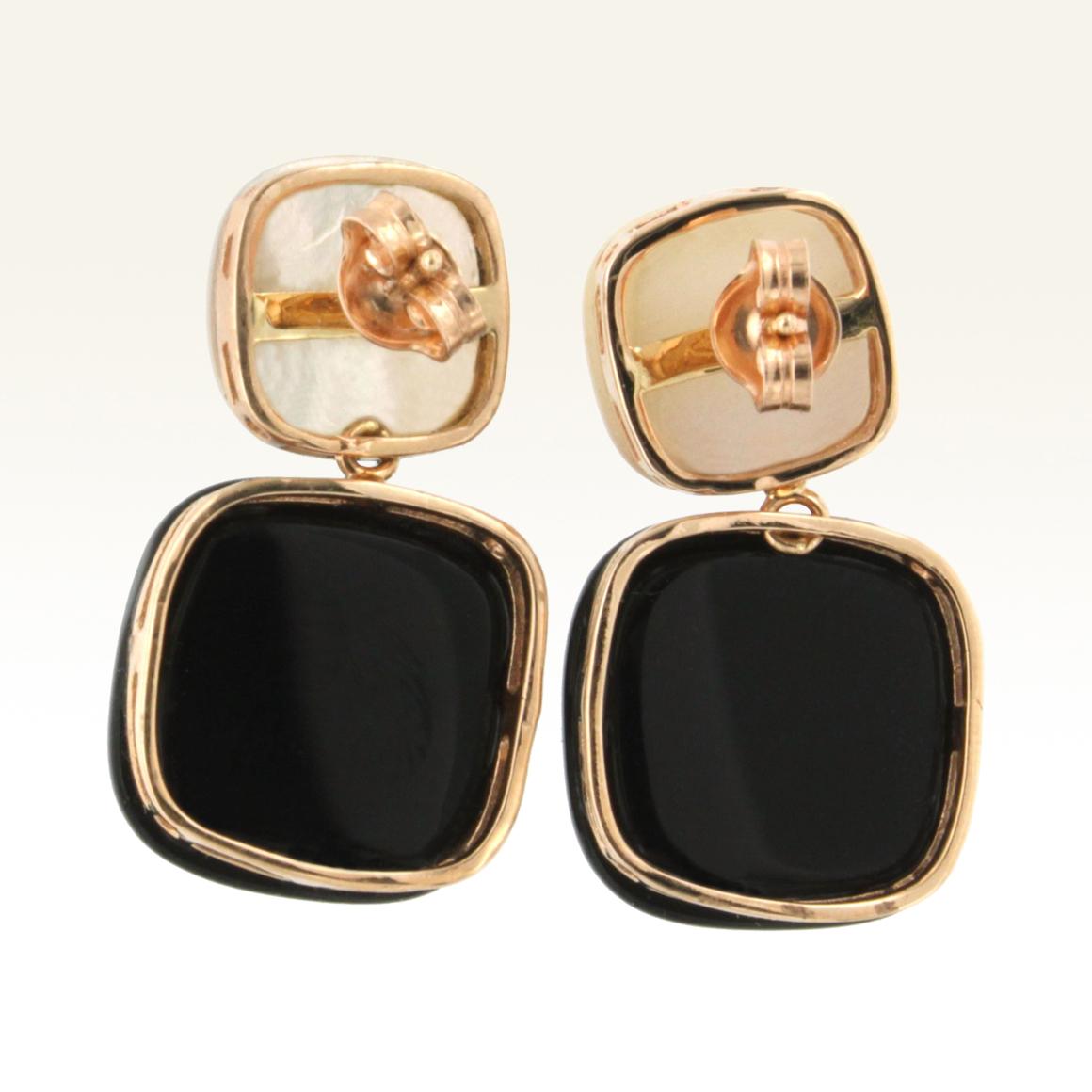 Cushion Cut 18 Karat Rose Gold with Mother of Pearl and Onix Earring