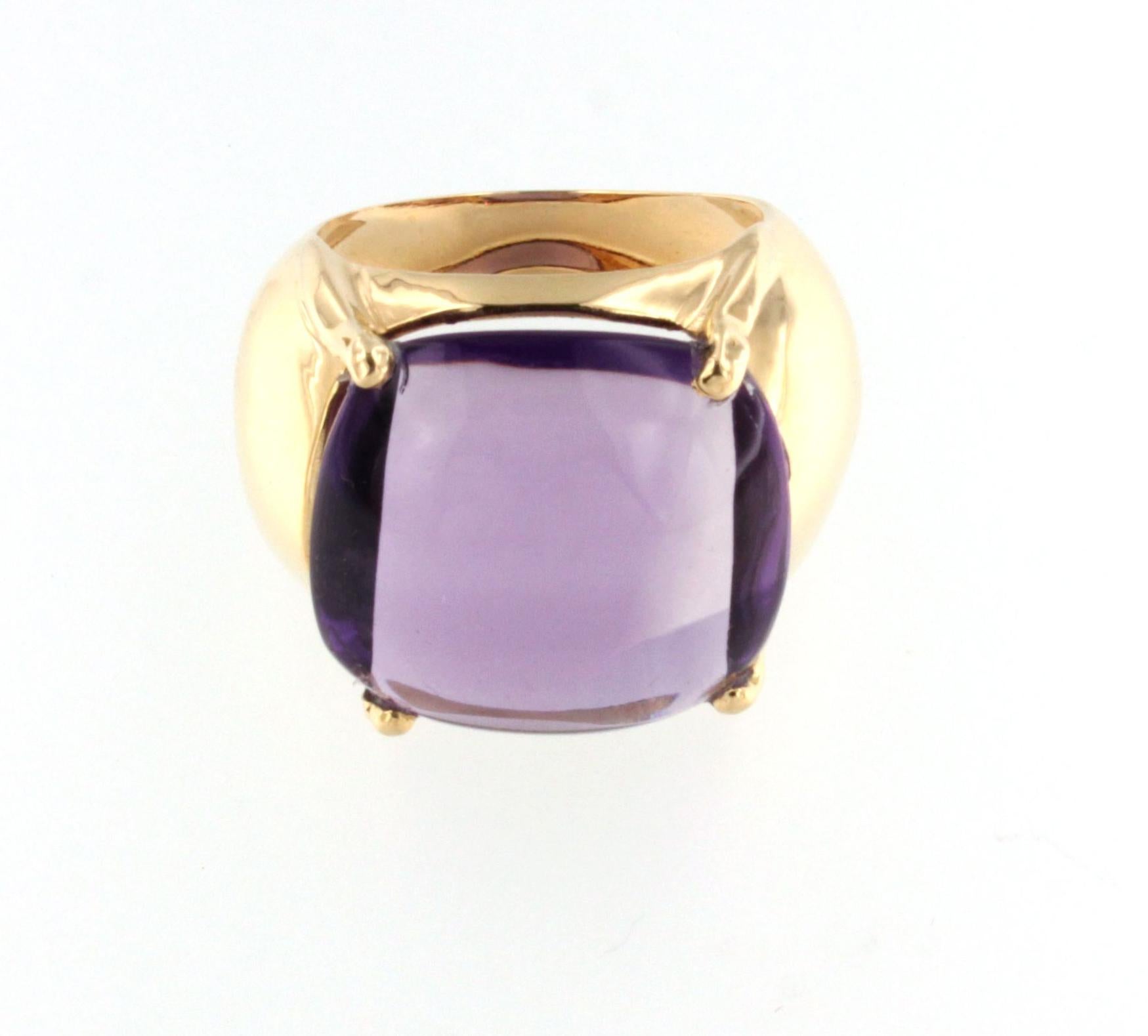 Fashion modern cocktail ring in 18k rose gold with natural  amethyst handemade in Italy by Stanoppi Jewellery since 1948. Natural stone with a light color, transparent cabochon cut with light and dark veins is the particularity of the cut and the