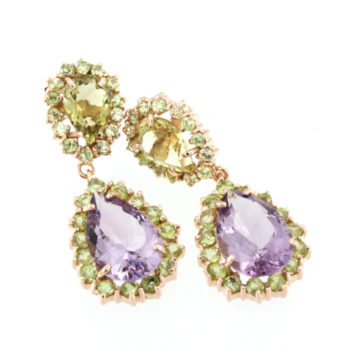 Diana Earrings , ispired by a Queen . Amazing earrings perfect for any occasion.
Earrings in 18k rose gold with Peridot (round cut, size: 2 and 3 mm), Amethyst (drop cut, size: 10x15 mm) and Lemon Quartz (drop cut, size: 7x10 mm)  