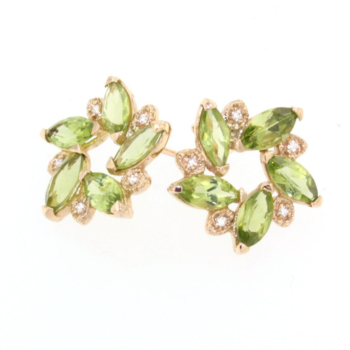 Modern 18 Karat Rose Gold with Peridot and White Diamonds Earrings For Sale