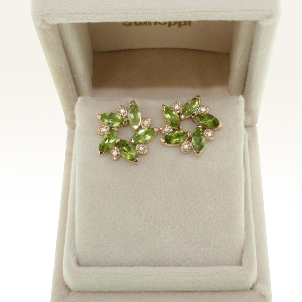 Women's or Men's 18 Karat Rose Gold with Peridot and White Diamonds Earrings For Sale