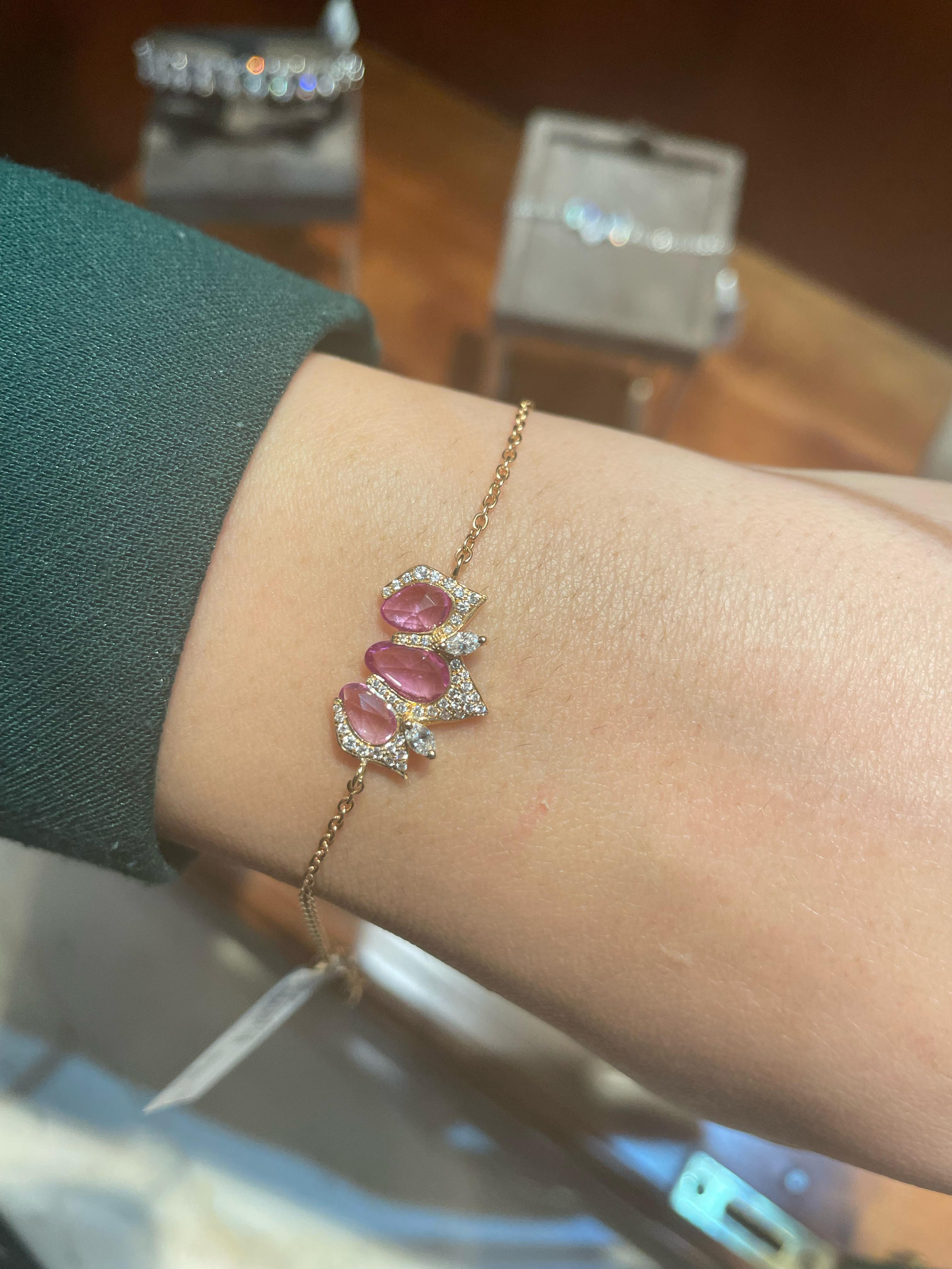 Art Deco 18k Rose  Gold with Pink Sapphires and Round Cut Diamonds For Sale