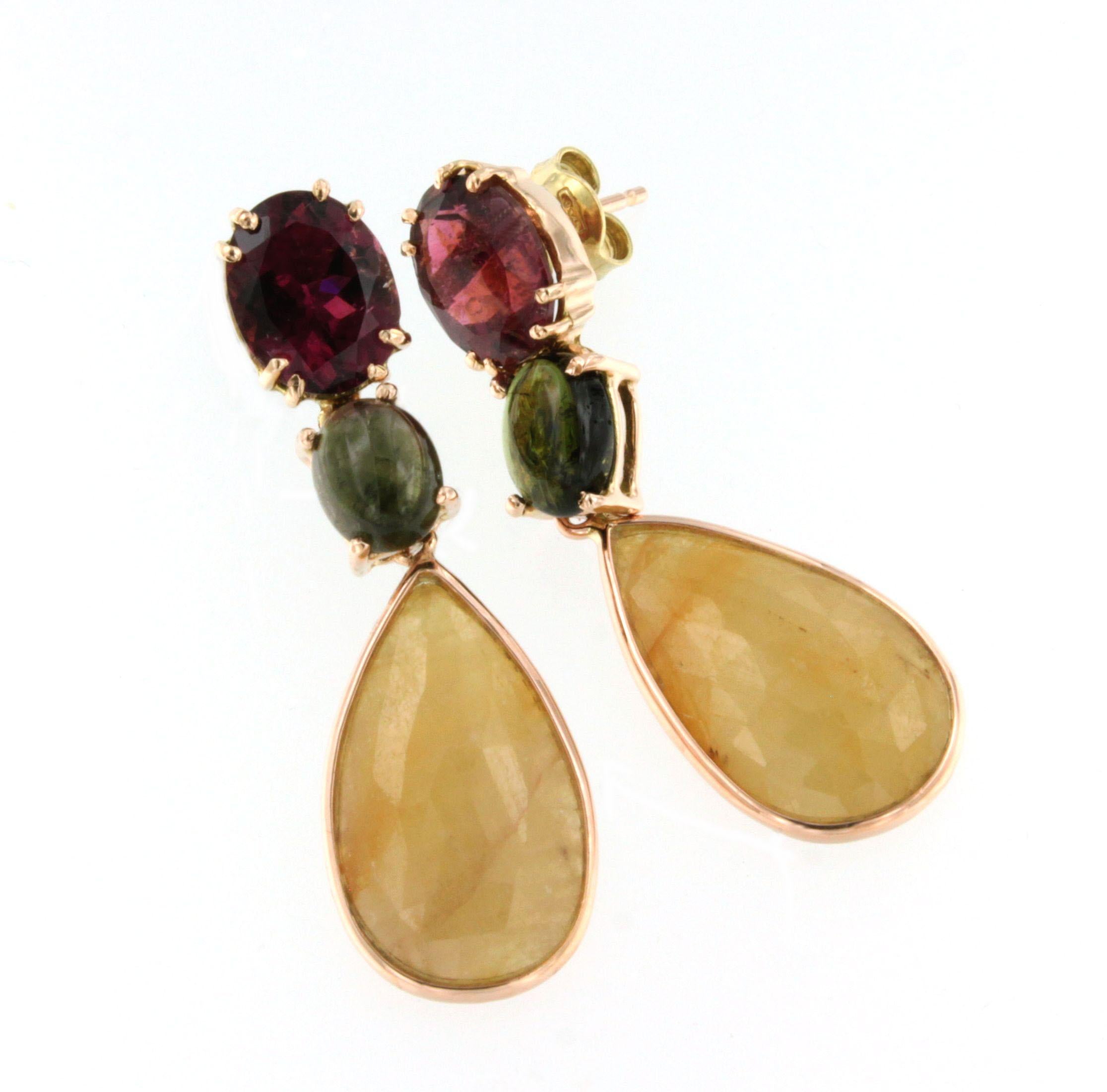 Shiny yellow Sapphire, design and craftmanship handmade in Italy by Stanoppi Jewellery since 1948.
Earrings in 18k rose gold with Yellow Sapphire (drop cut, size: 13x20mm), Pink Tourmaline (oval cut, size: 8x10 mm) and Green Tourmaline (oval