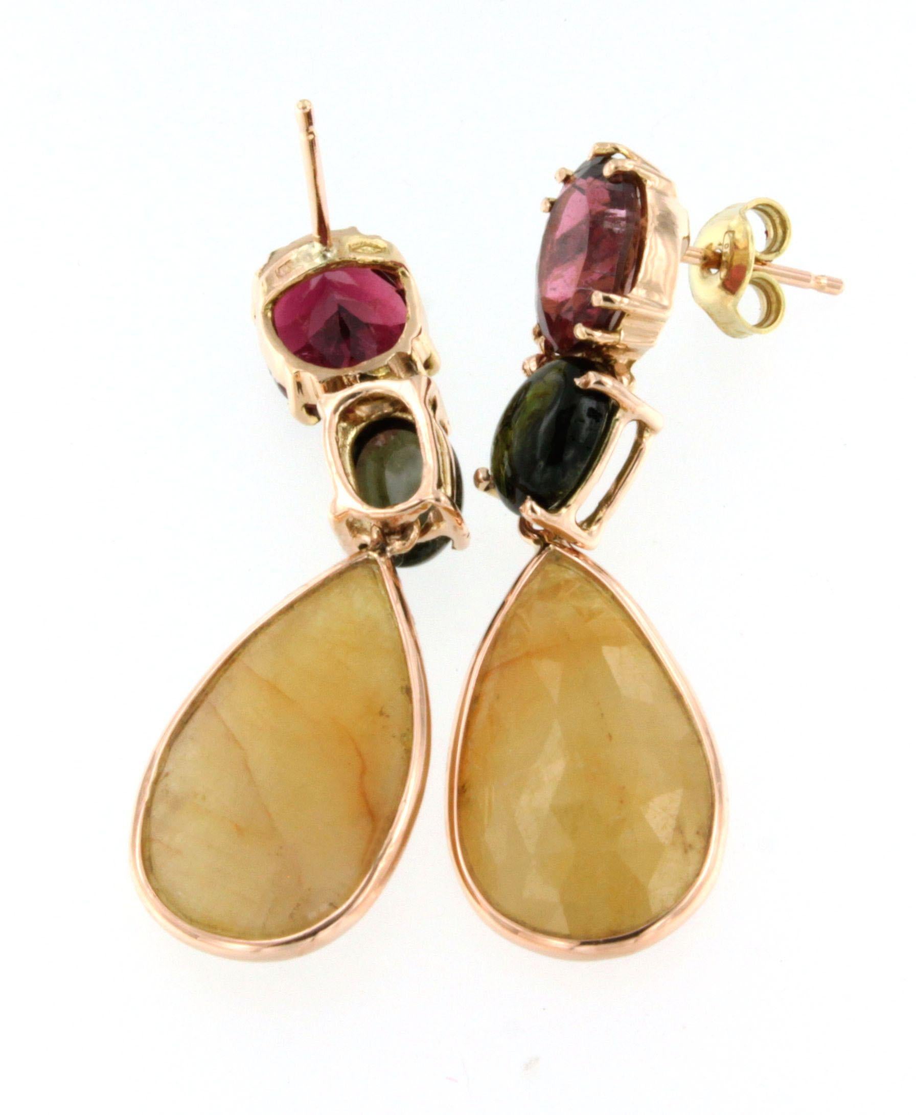 Oval Cut 18k Rose Gold with Pink Tourmaline Green Tourmaline Yellow Sapphire Earrings For Sale