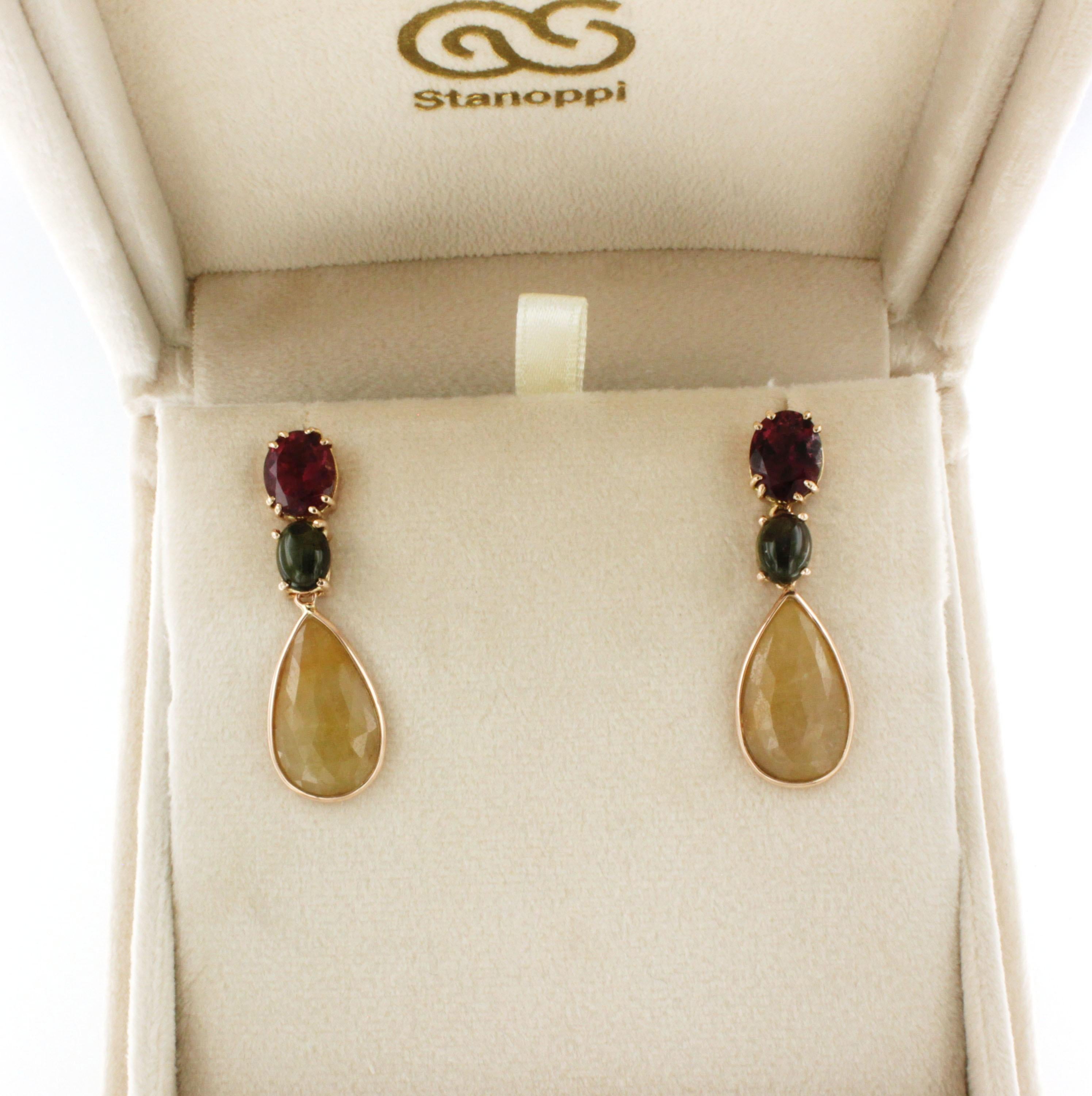 18k Rose Gold with Pink Tourmaline Green Tourmaline Yellow Sapphire Earrings In New Condition For Sale In GALLARATE, IT