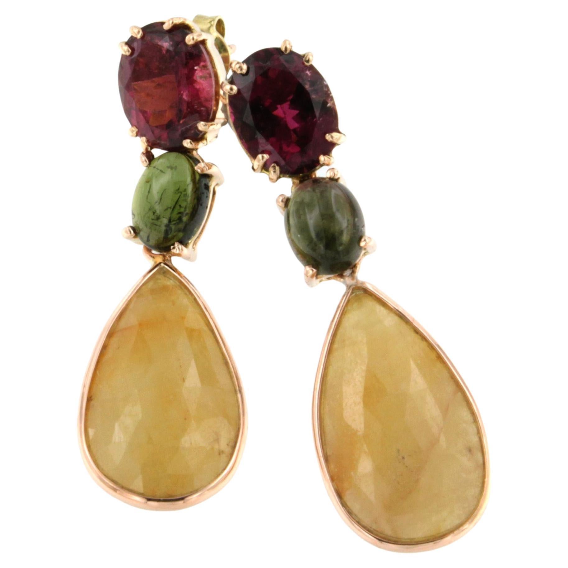 18k Rose Gold with Pink Tourmaline Green Tourmaline Yellow Sapphire Earrings For Sale