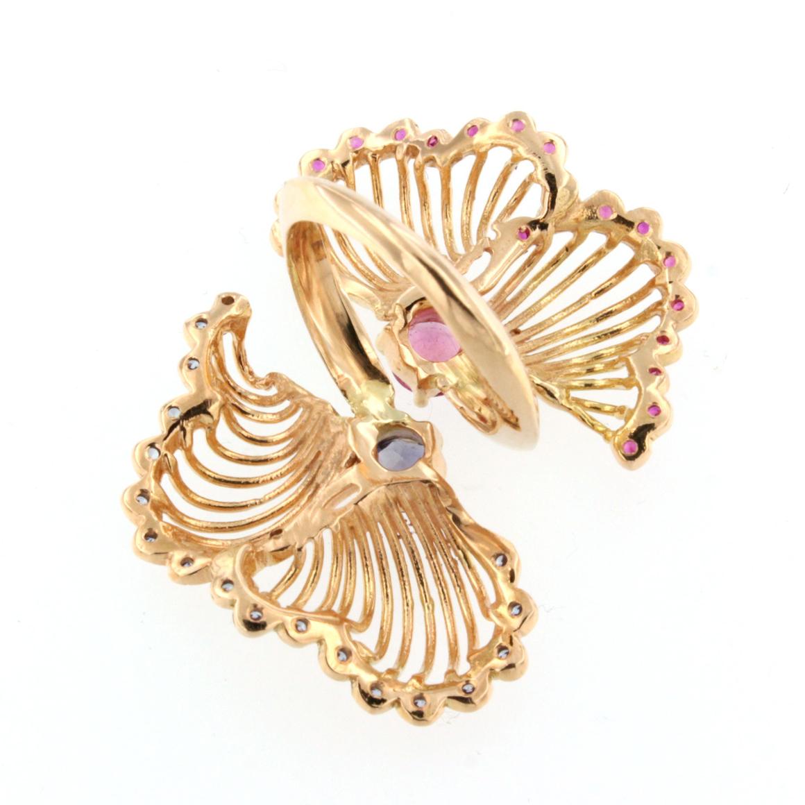 Women's or Men's 18 Karat Rose Gold With Pink Tourmaline Tanzanite and Pink Sapphire Ring