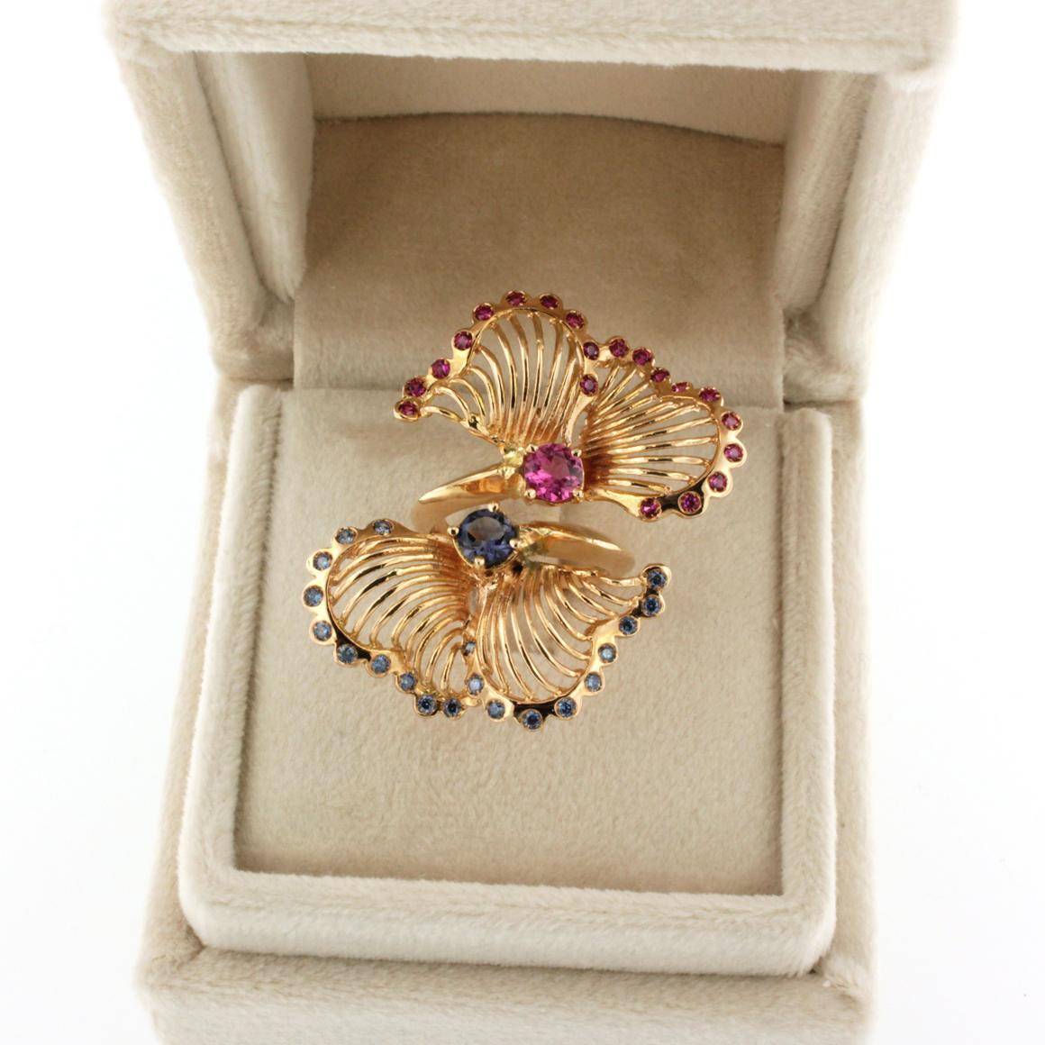 18 Karat Rose Gold With Pink Tourmaline Tanzanite and Pink Sapphire Ring For Sale 1