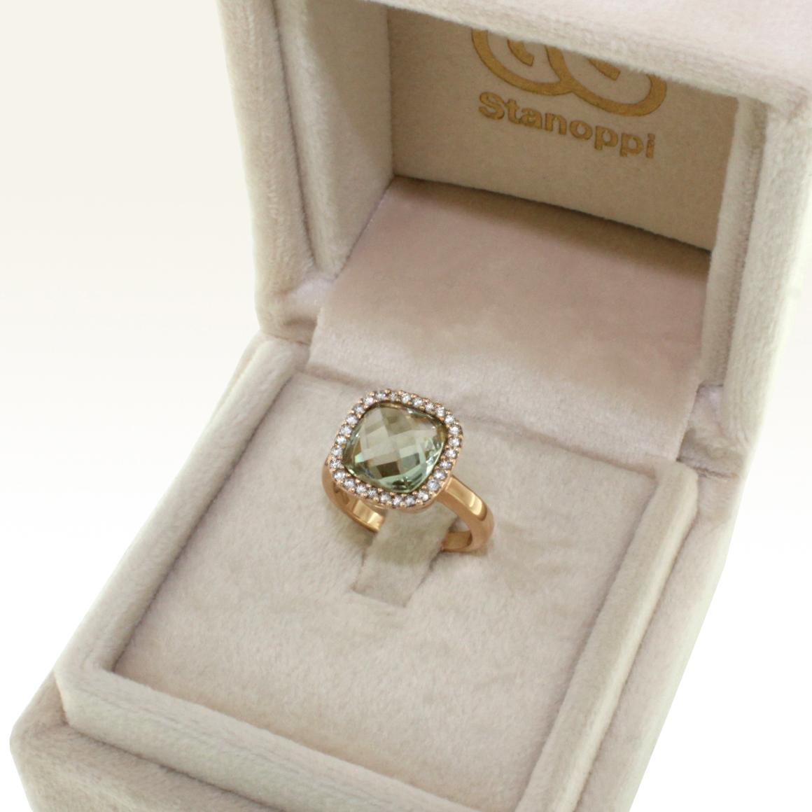 Modern 18 Karat Rose Gold with Prasiolite and White Diamond Ring For Sale