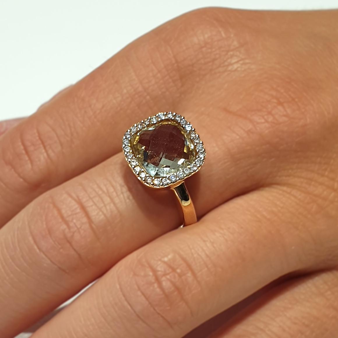 Ring in 18k rose gold with Prasiolite (square briolé cut, size: 10x10 mm) and white Diamond cts 0,35 VS colour G/H.
 Beautiful colored stone that enhance the elegance and refinement of the ring. Made in Italy by Stanoppi Jewellery since 1948.

Size