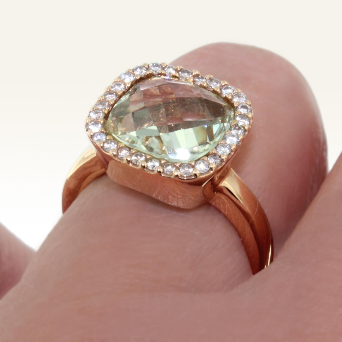 Square Cut 18 Karat Rose Gold with Prasiolite and White Diamond Ring For Sale