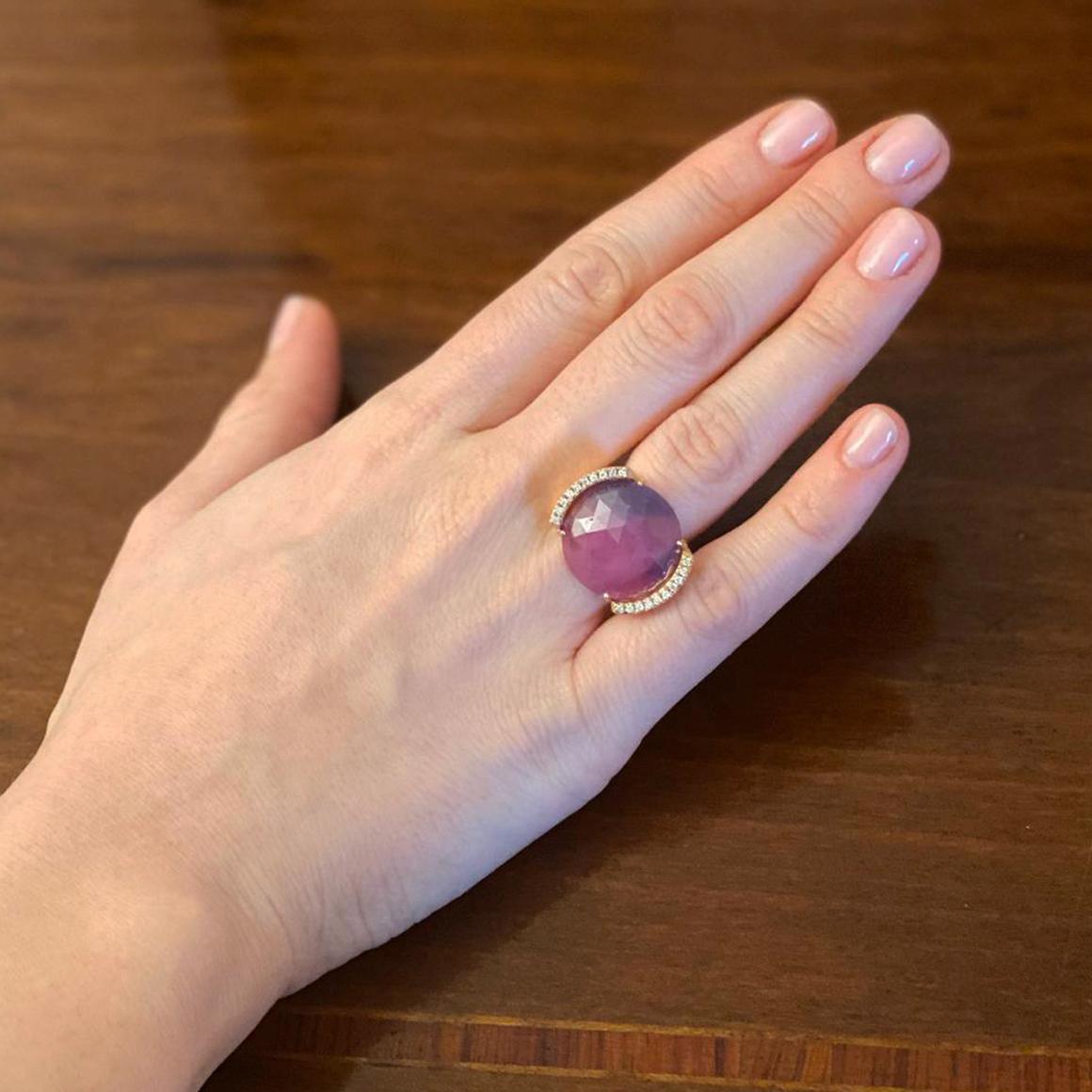  Ruby has always been seen as a talisman of passion, protection and prosperity.  Delicate shades make the stone unique .  Amazing cocktail ring with special root ruby stone, made in Italy by Stanoppi Jewellery since 1948.

Ring in 18k rose gold with