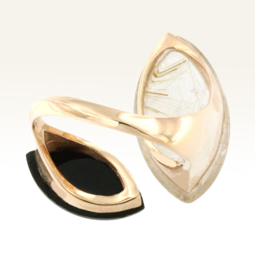 Modern 18 Karat Rose Gold with Rutilated Quartz and Onix Ring For Sale