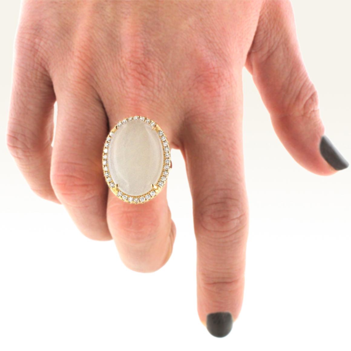 Oval Cut 18 Karat Rose Gold with White Moonstone and White Diamond Ring