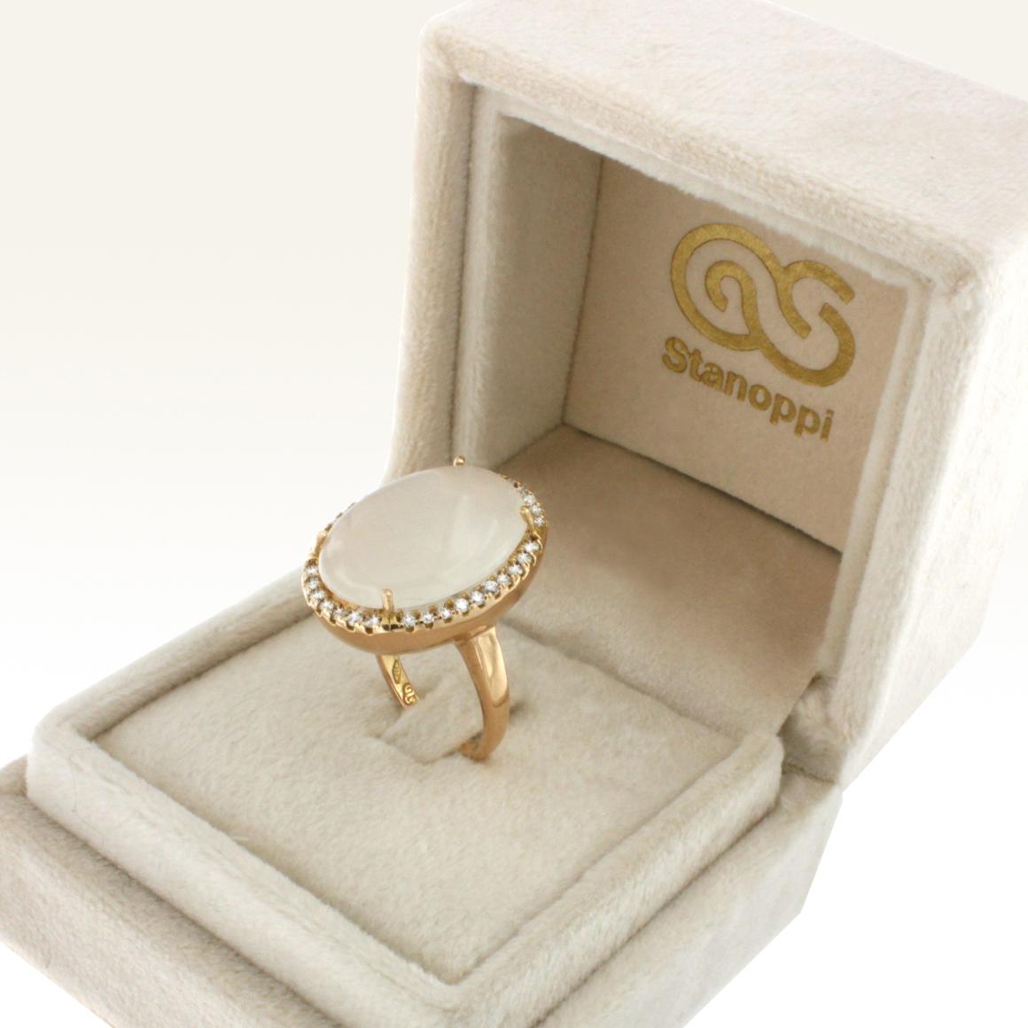 Women's or Men's 18 Karat Rose Gold with White Moonstone and White Diamond Ring