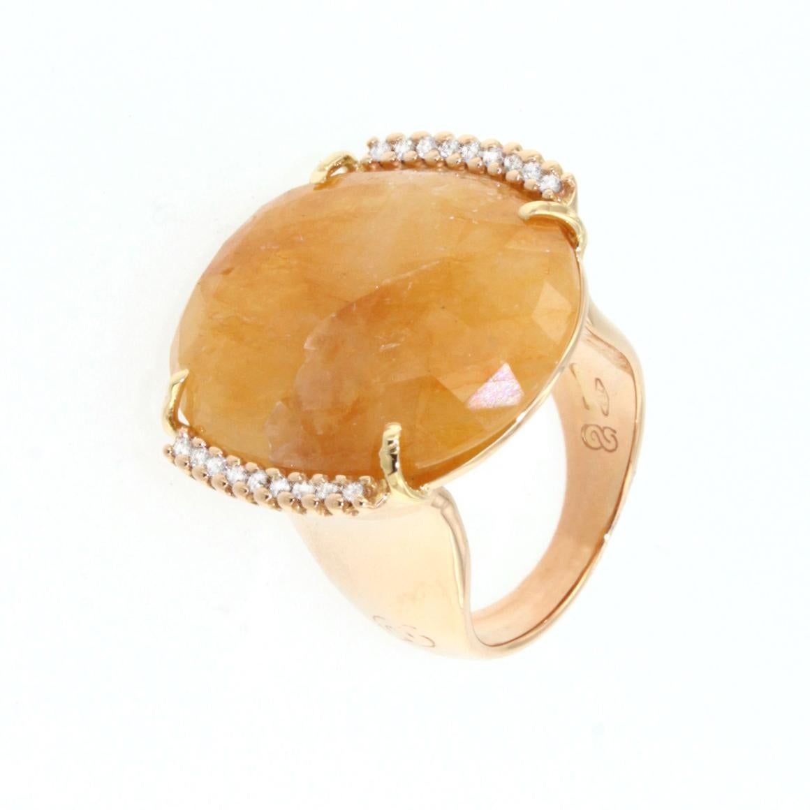 Oval Cut 18 Karat Rose Gold with Yellow Sapphire and White Diamonds Ring For Sale