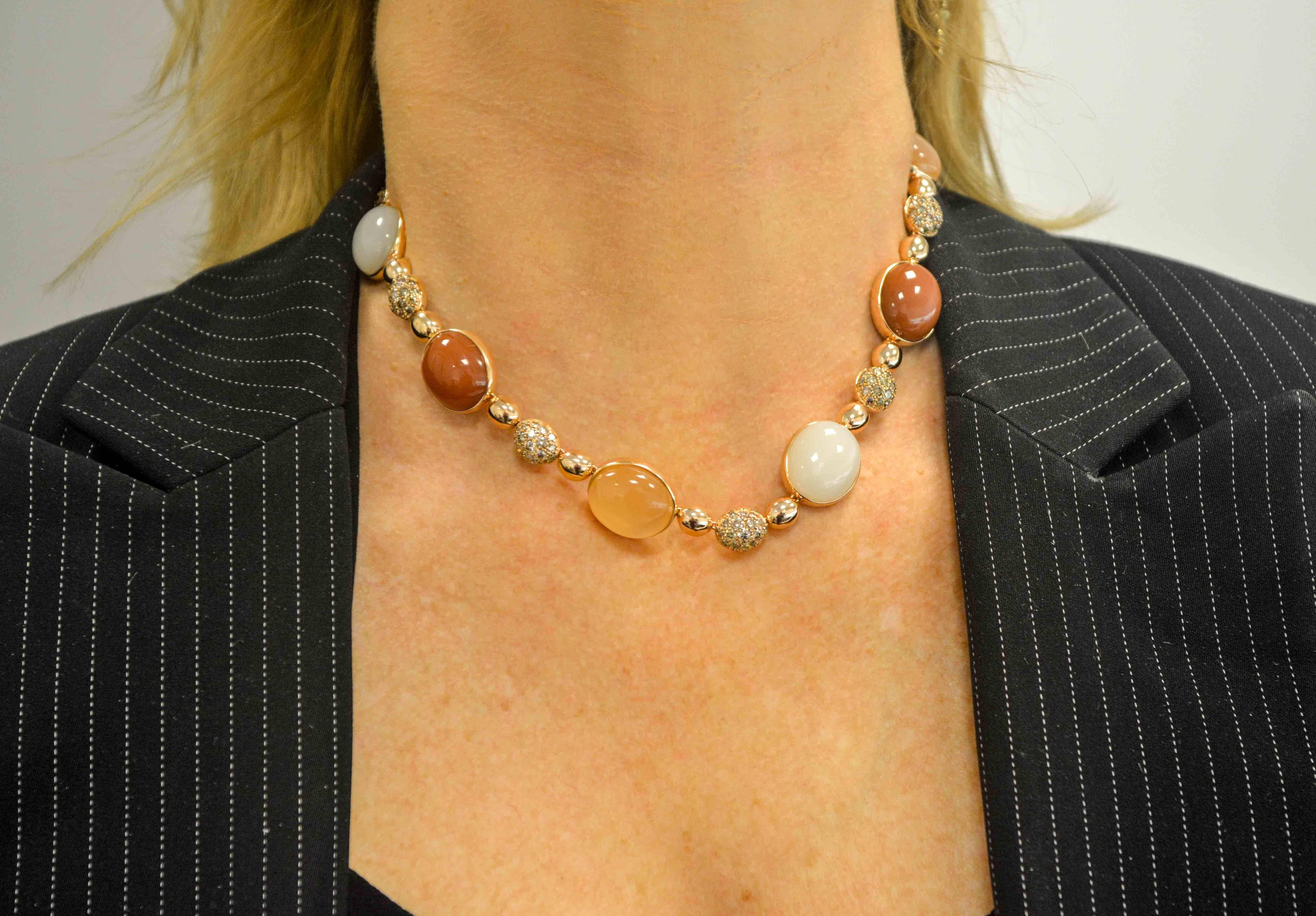 Modern 18 Karat Rose Gold, Diamond and Moonstone Necklace