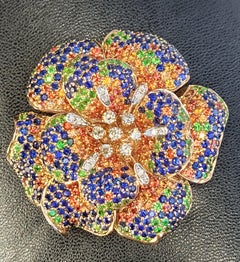 18 Karat Rose Multi-Color Blue and Orange Sapphire 3 in 1 Brooch Ring Pendant