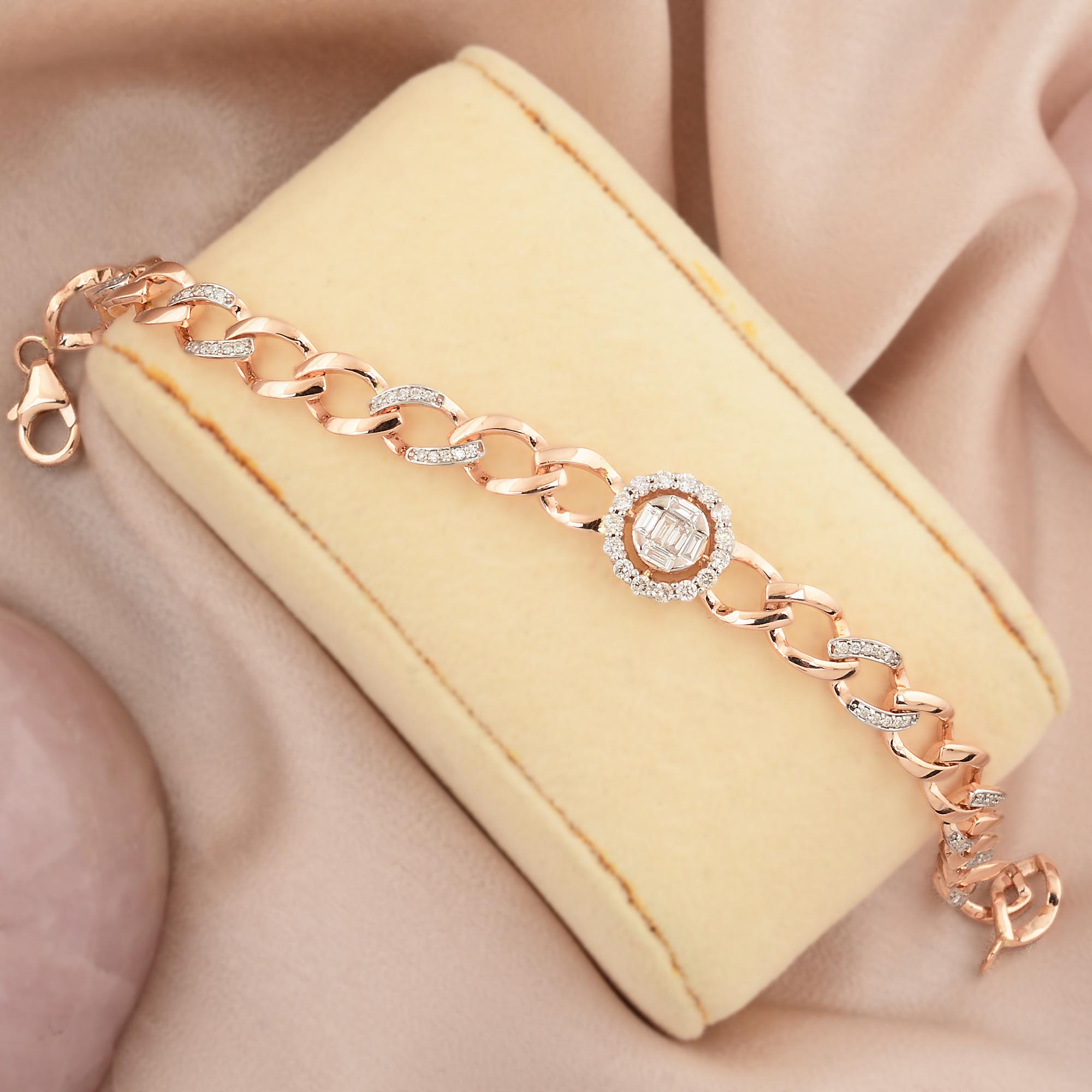 Modern 18k Rose Solid Gold SI Clarity H Color Pave Diamond Link Chain Cuban Bracelet For Sale