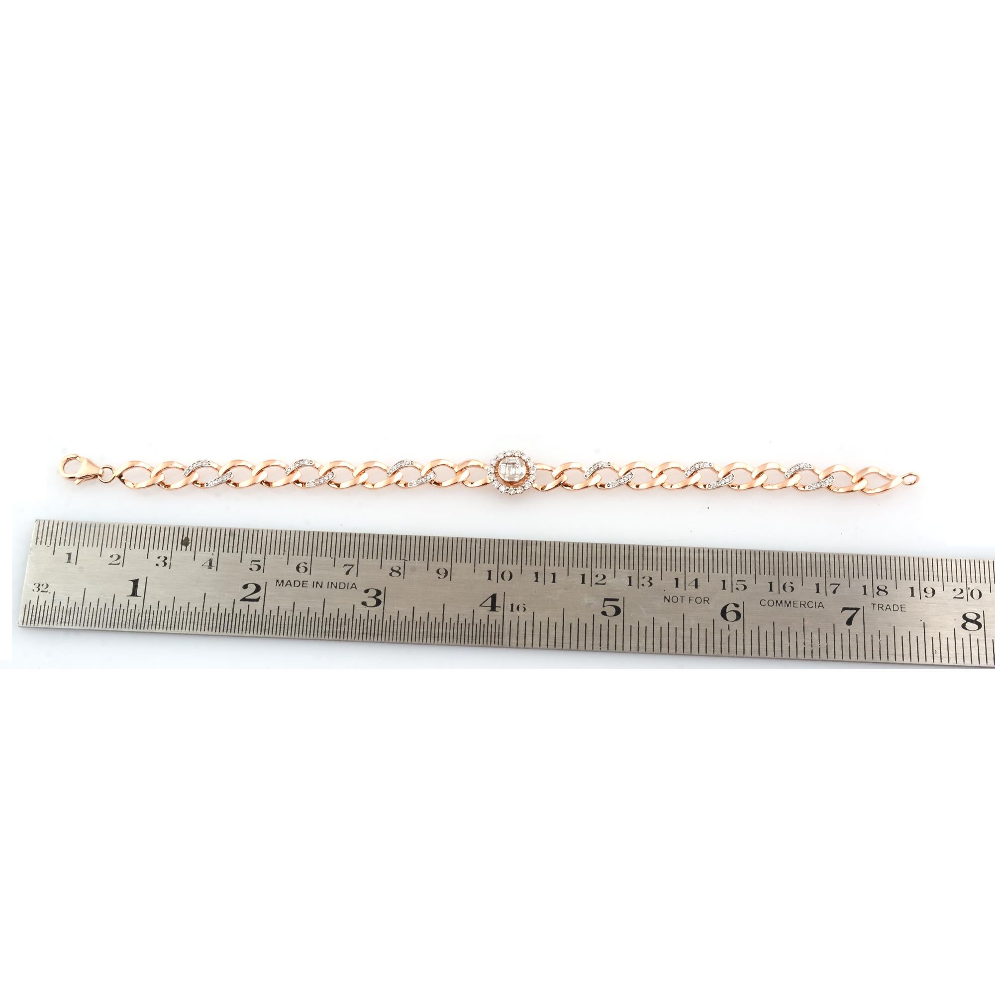 Round Cut 18k Rose Solid Gold SI Clarity H Color Pave Diamond Link Chain Cuban Bracelet For Sale