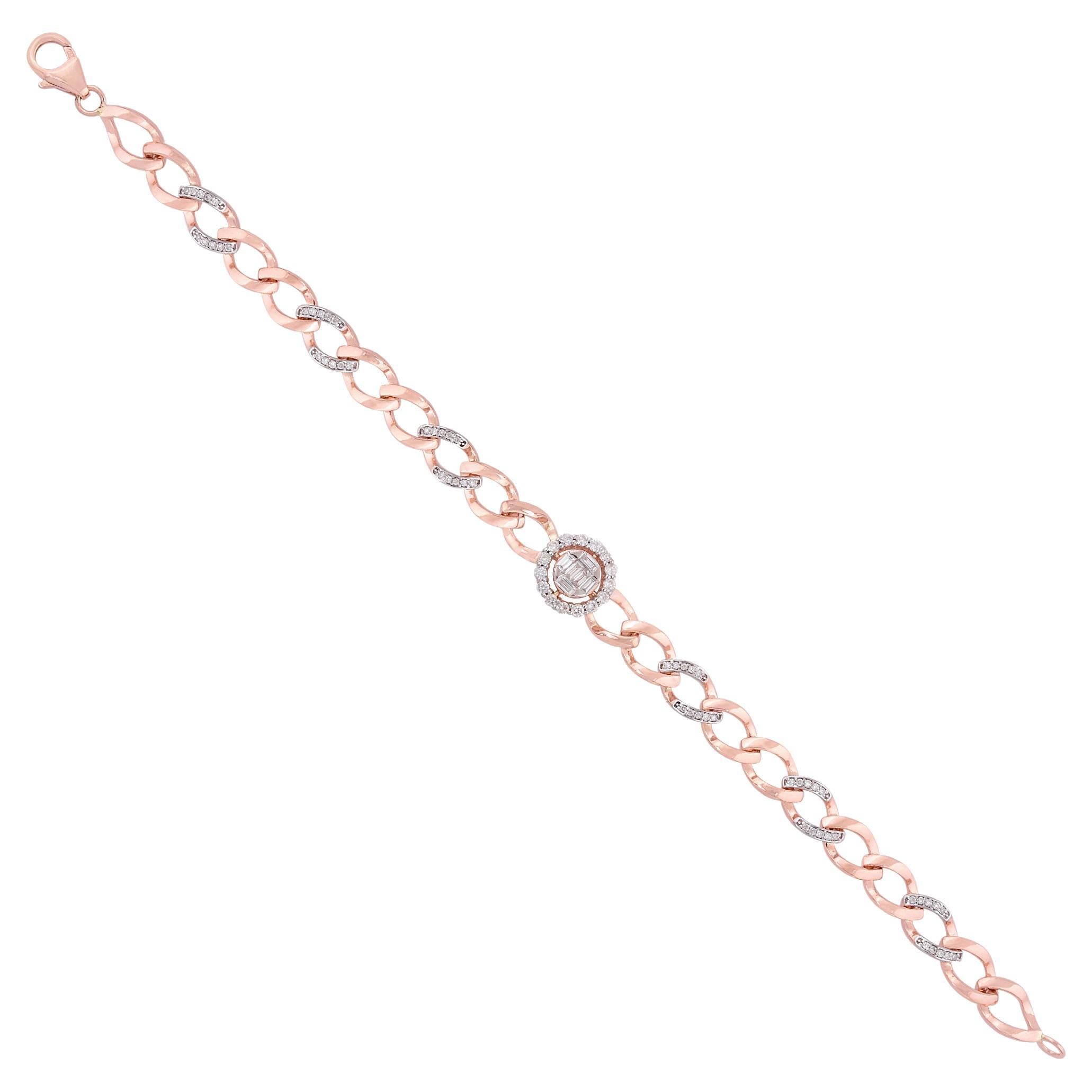 18k Rose Solid Gold SI Clarity H Color Pave Diamond Link Chain Cuban Bracelet For Sale