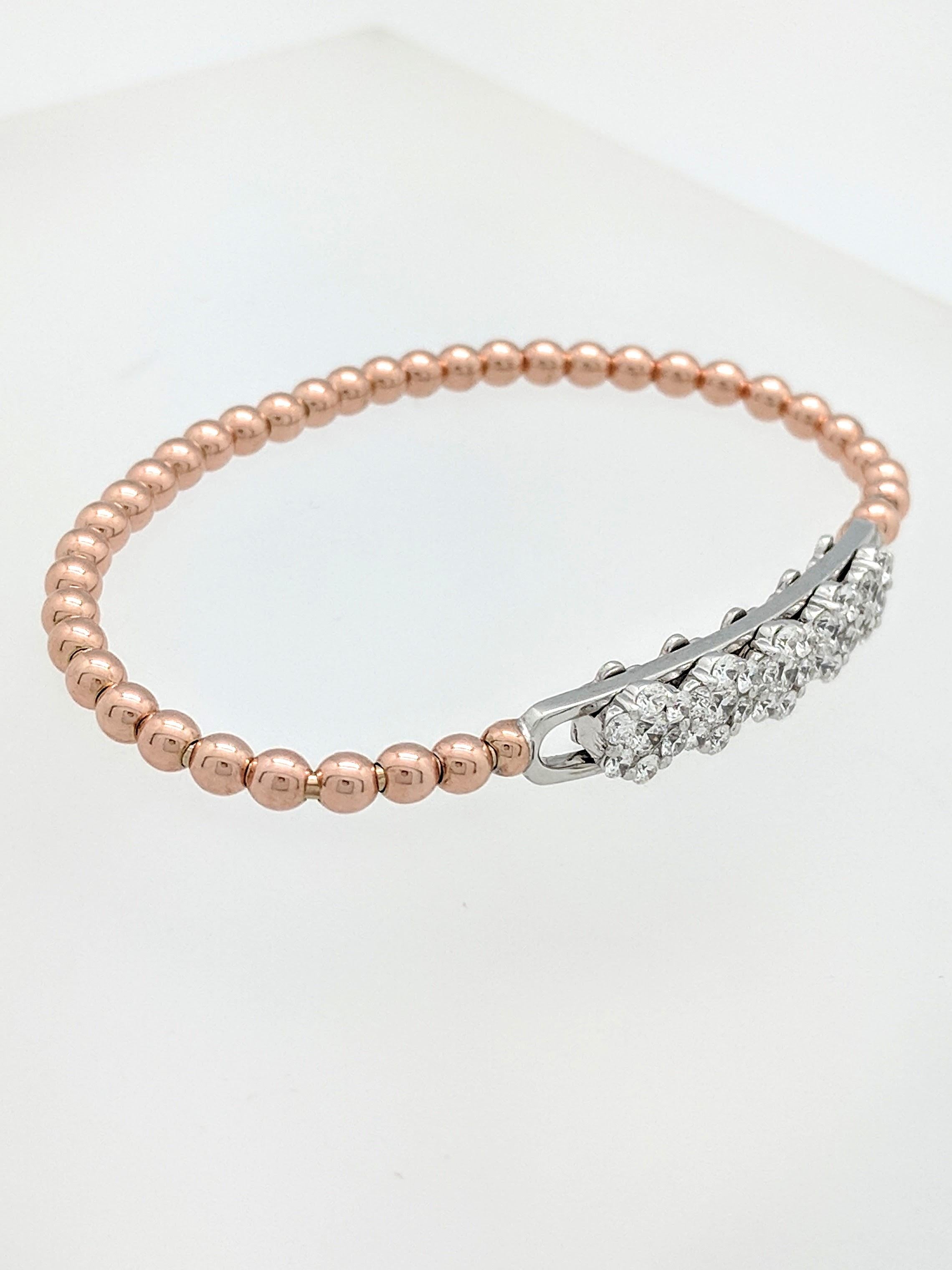 Contemporary 18k Rose & White Gold 1.41ctw Floating Diamond Stretchable Beaded Bracelet